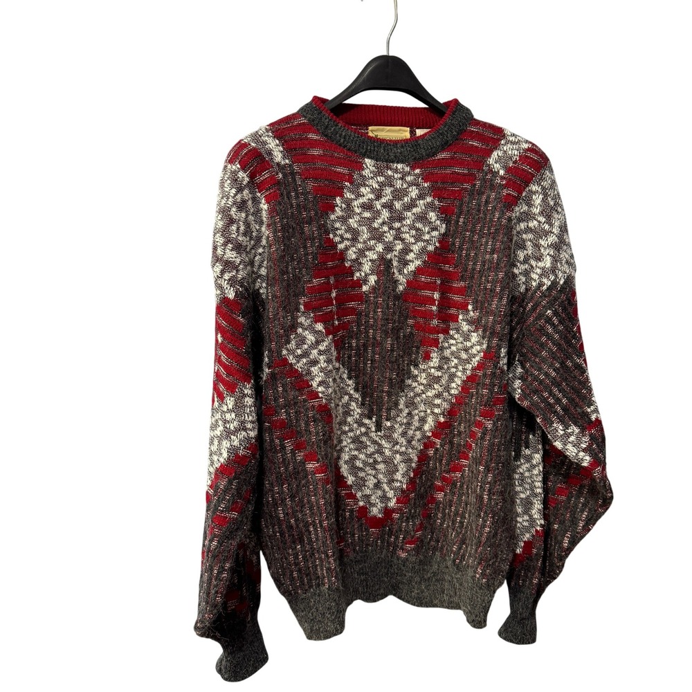 Cricketeer Vintage Mens Large Geometric Diamond‎ Knit Sweater Red Grey Crew Neck